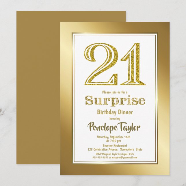 Invitation Gold Parties scintillant Surprise 21e anniversaire (Devant / Derrière)
