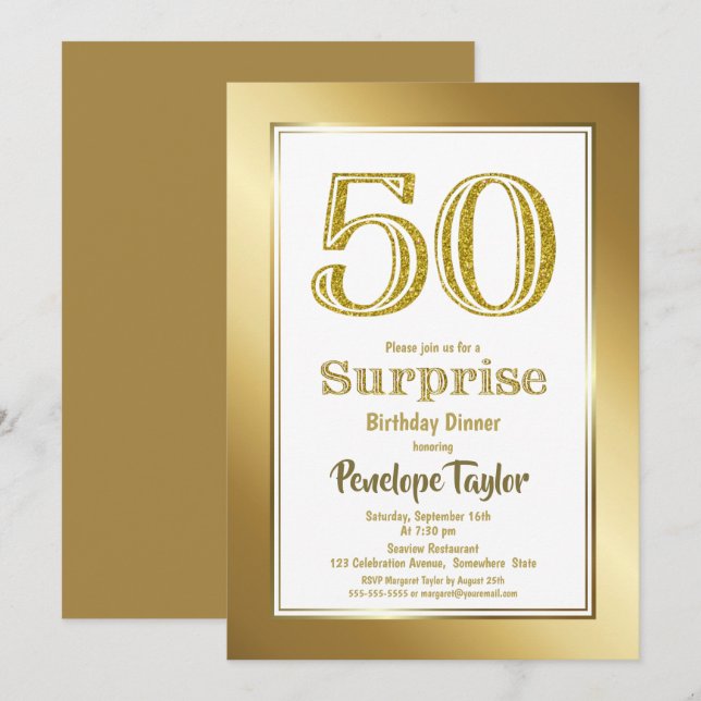 Invitation Gold Parties scintillant Surprise 50e anniversaire (Devant / Derrière)