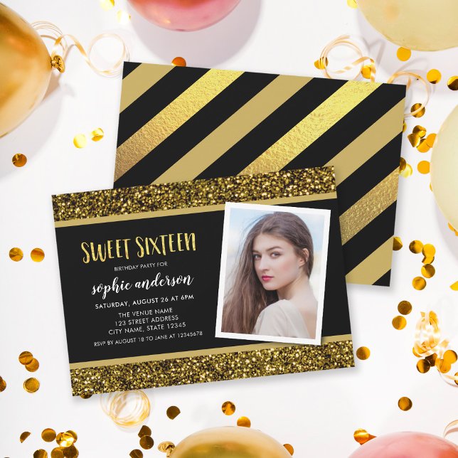Invitation Gold Parties scintillant Sweet 16 Photo Anniversai (Créateur téléchargé)
