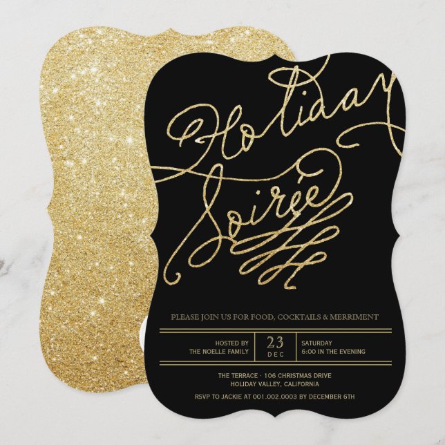 Invitation Gold Parties scintillant Vacances Soiree Noël Invi (Devant / Derrière)