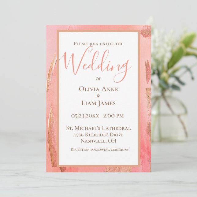 Invitation Gold Peach Moderne Mariage de script élégant (Debout devant)