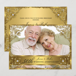 Invitation Gold Pearl Damask Photo 50th Mariage Anniversary