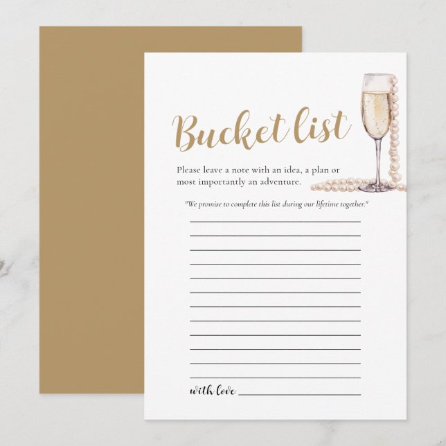 Invitation Gold Pearl et Prosecco Mariage Bucket List jeu (Devant / Derrière)