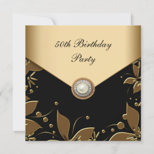 Invitation Gold Pearl Floral Womans 50e fête d'anniversaire
