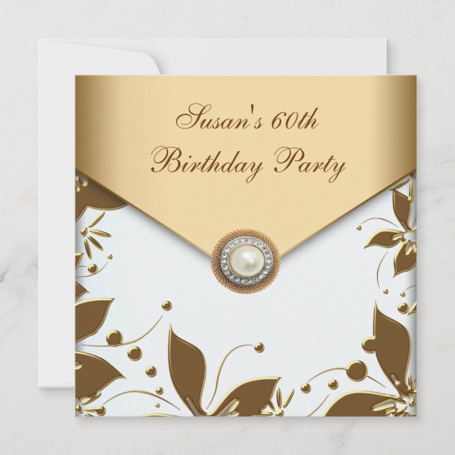 Invitation Gold Pearl Flower Swirl Womans 60e fête d'annivers (Devant)