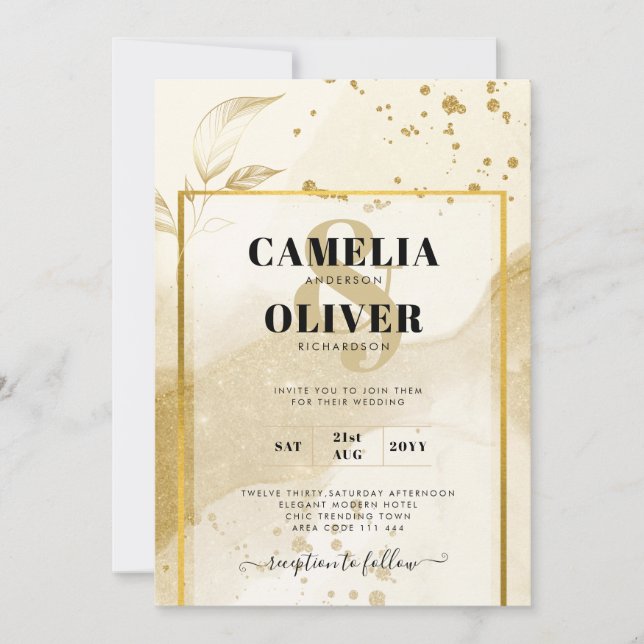 Invitation Gold Pearl MARIAGE alcool ENK Abstrait LeahG (Devant)