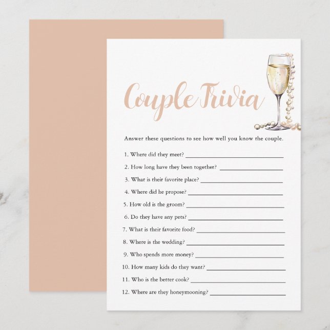 Invitation Gold Pearl & Prosecco Couple Trivia jeu de nuptial (Devant / Derrière)