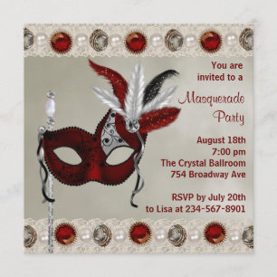 Invitation Gold Pearl Red Masquerade Party
