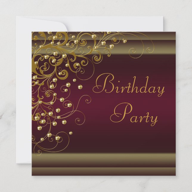 Invitation Gold Pearl Swirl Womans Red Wine Anniversaire (Devant)
