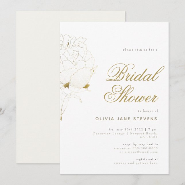 Invitation Gold Peony Élégant Script Floral BW Fête des marié (Devant / Derrière)