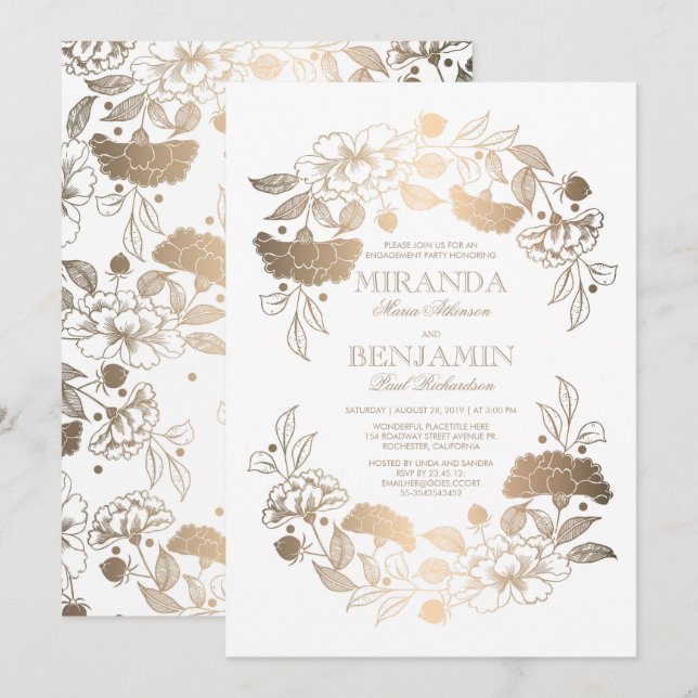 Invitation Gold Peony Floral Wreath Élégante Partie d'engagem (Devant / Derrière)