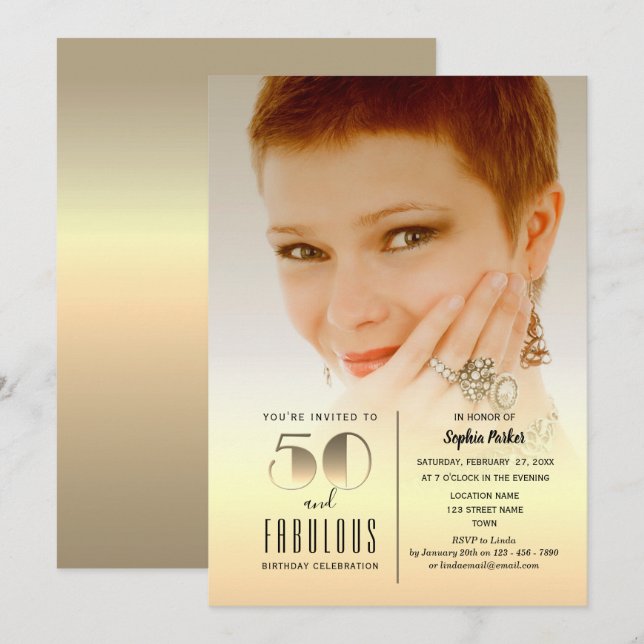 Invitation Gold Photo 50th Birthday (Devant / Derrière)