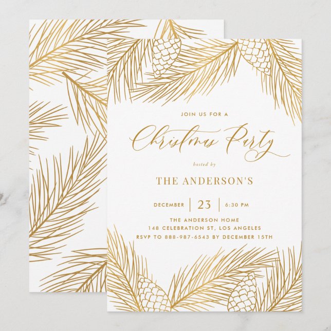 Invitation Gold Pinecones et Pine Needles Fête (Devant / Derrière)