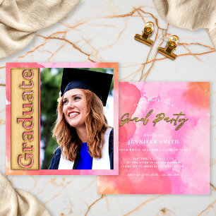 Invitation Gold Pink Orange Photo Graduate Party