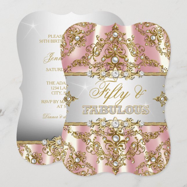 Invitation Gold Pink Pearl Damask Cinquante et fabuleux (Devant / Derrière)