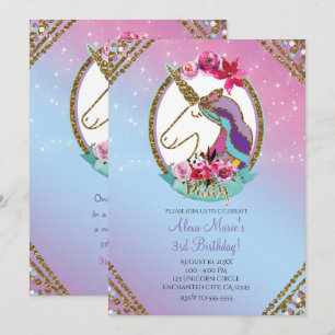 Invitation Gold Pink Purple Magical Unicorn Birthday Party