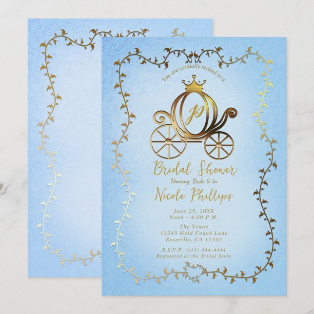 Invitation Gold Princess Carriage Blue Storybook Bridal (Devant / Derrière)