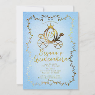 Invitation Gold Princess Carriage Blue Storybook Quinceañera