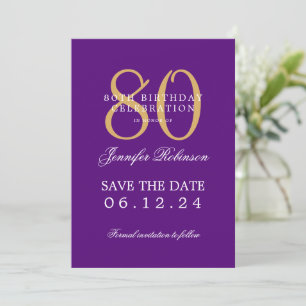 Invitation Gold Purple 80th Birthday Enregistrer la date Déta