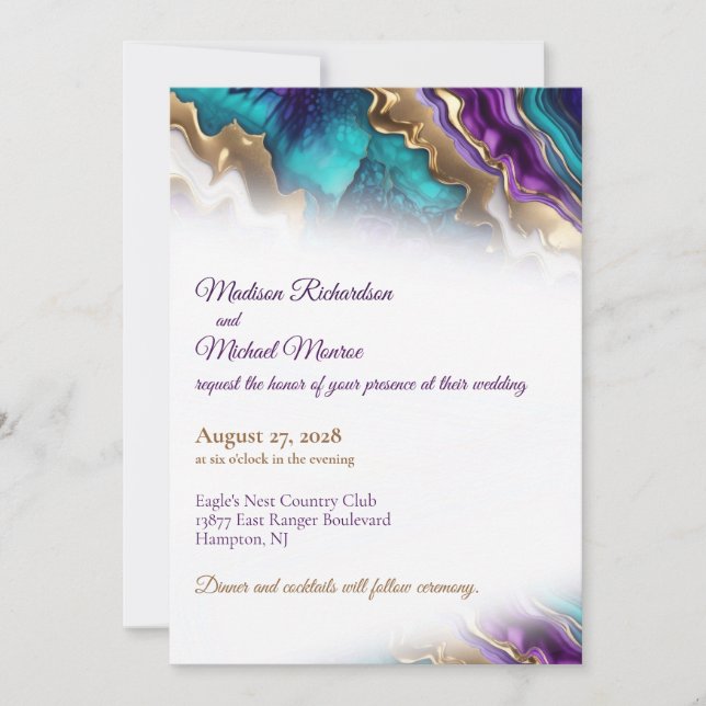 Invitation Gold Purple & Aqua Mariage élégant (Devant)