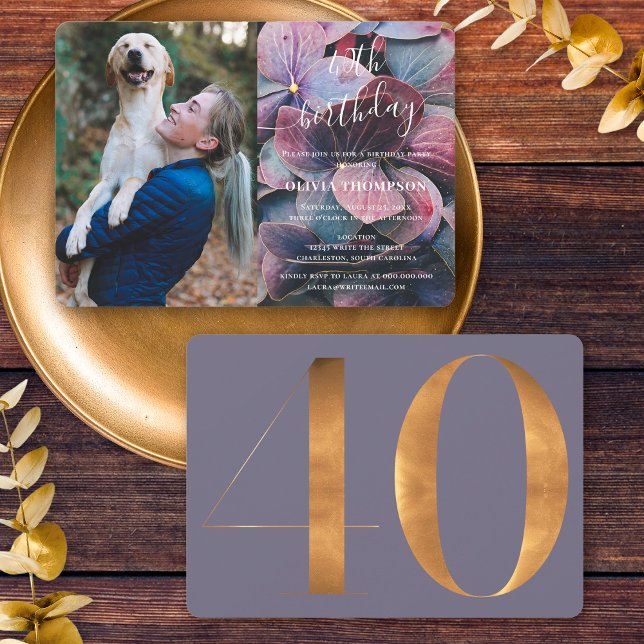 Invitation Gold Purple Blue Hydrangeas 40e anniversaire Photo (Front / Back)