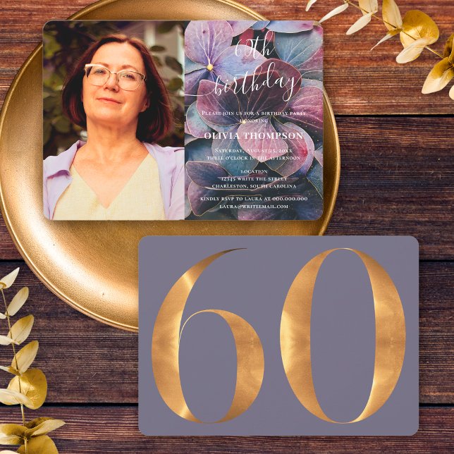 Invitation Gold Purple Blue Hydrangeas 60e anniversaire Photo (Front / Back)