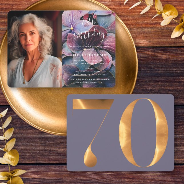 Invitation Gold Purple Blue Hydrangeas 70e anniversaire Photo (Front / Back)
