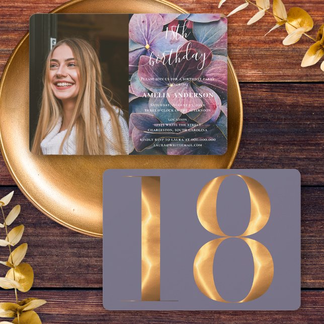 Invitation Gold Purple Blue Hydrangeas photo 18e anniversaire (Front / Back)