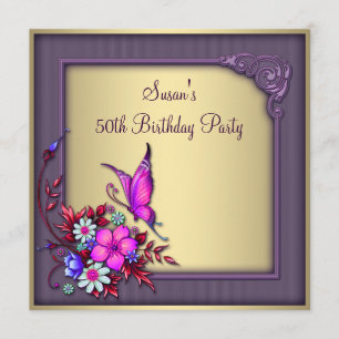 Invitation Gold Purple Butterfly Womans 50e fête d'anniversai