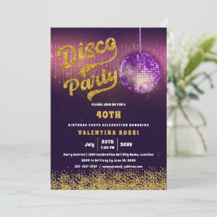 Invitation Gold Purple Disco Party Anniversaire