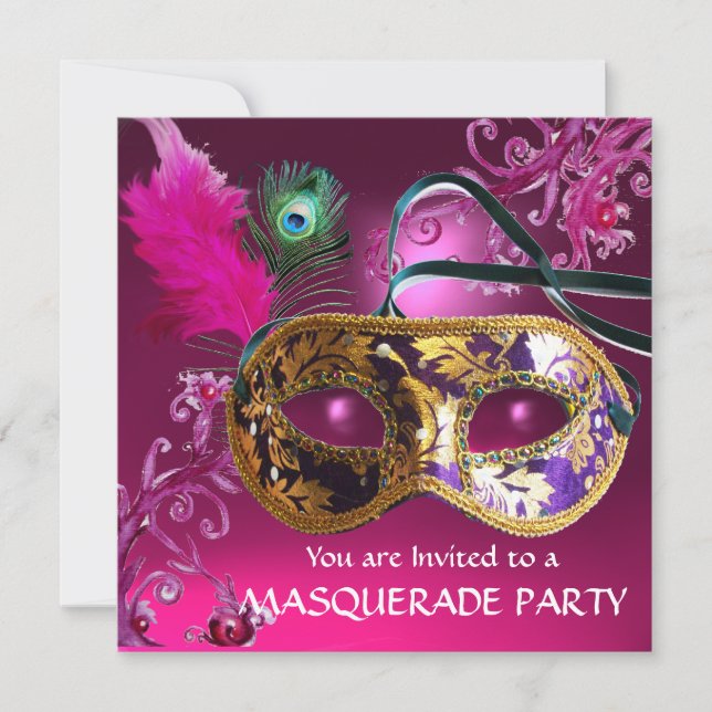 Invitation GOLD PURPLE FEATHER DAMASK MASK Masquerade Party (Devant)