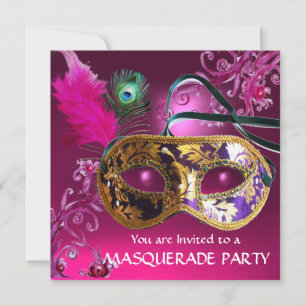 Invitation GOLD PURPLE FEATHER DAMASK MASK Masquerade Party