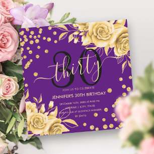 Invitation Gold Purple Floral Parties scintillant 30e Anniver