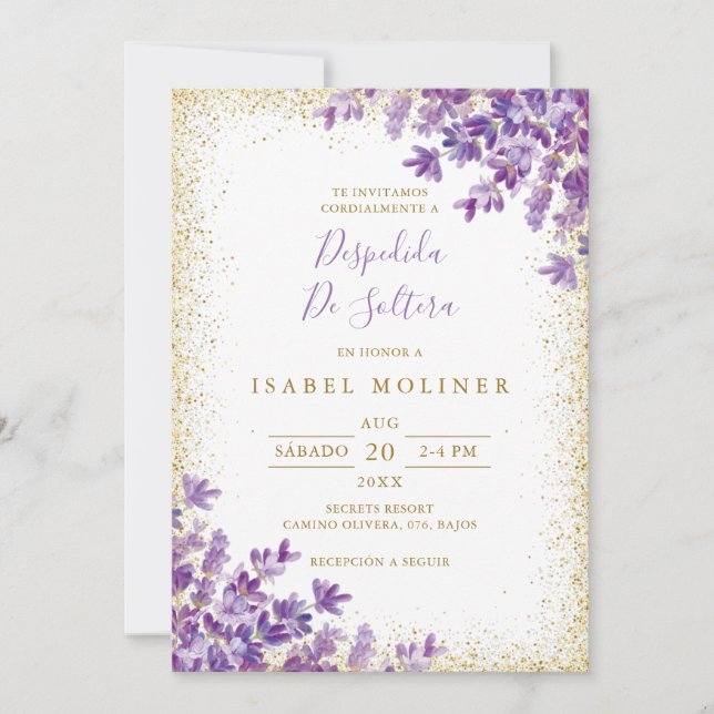 Invitation Gold Purple Lavender Fête des mariées espagnole (Devant)