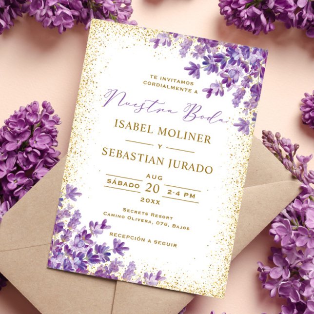 Invitation Gold Purple Lavender Nuestra Boda Mariage espagnol (Créateur téléchargé)