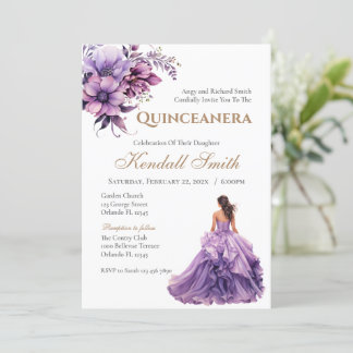 Invitation Gold Purple Lilac Floral Princess Quinceanera