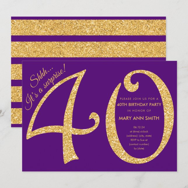 Invitation Gold Purple Parties scintillant Surprise 40e fête  (Devant / Derrière)