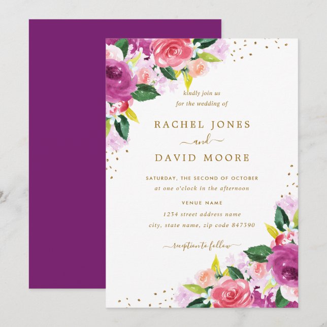 Invitation Gold Purple Rose Floral Aquarelle Mariage Inviter (Devant / Derrière)