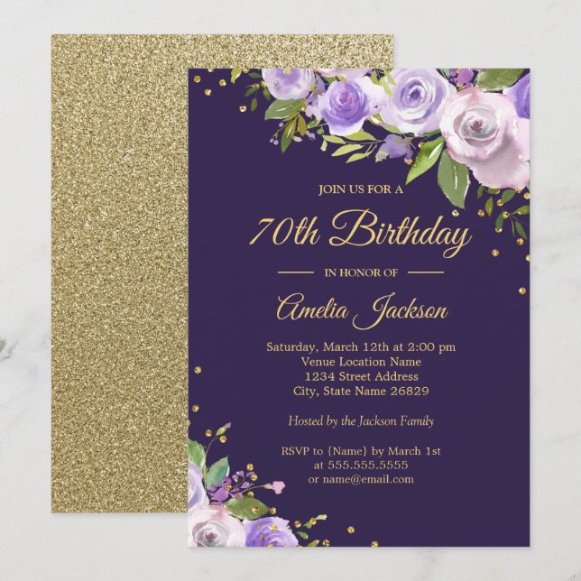 Invitation Gold Purple Sparkle Floral 70e anniversaire Invita (Devant / Derrière)