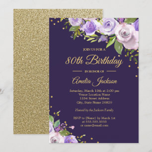 Invitation Gold Purple Sparkle Floral 80e anniversaire Invita