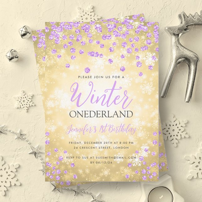 Invitation Gold Purple Winter ONEDERLAND 1er anniversaire (Gold Purple Winter ONEDERLAND 1st Birthday Invitation)