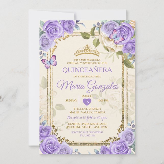 Invitation Gold Quinceañera Papillon mexicain à couronne viol (Devant)