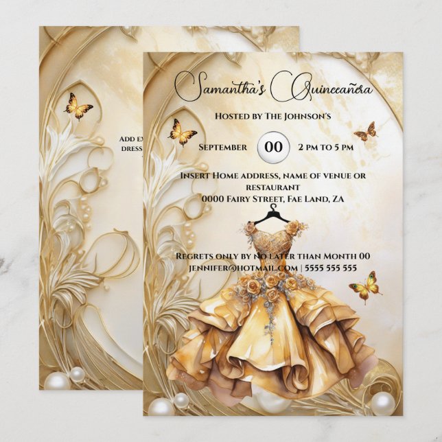 Invitation Gold Quinceañera robe de lest de luxe perle fleuri (Devant / Derrière)