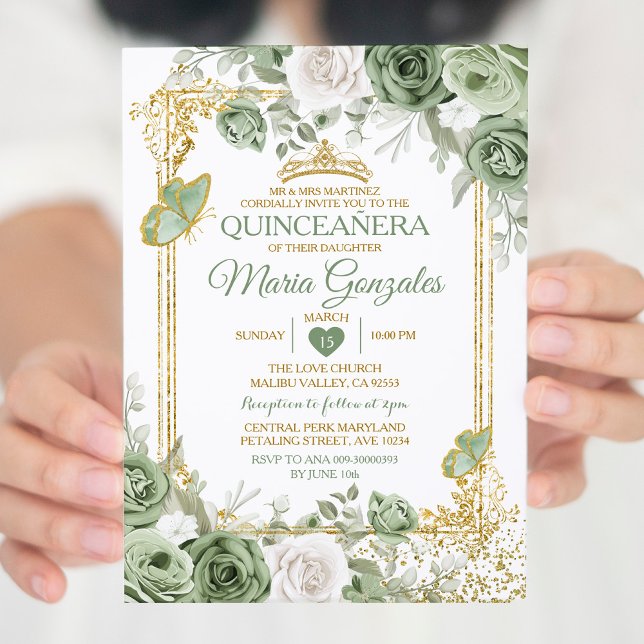 Invitation Gold Quinceañera Sage Green Crown Butterfly (Créateur téléchargé)