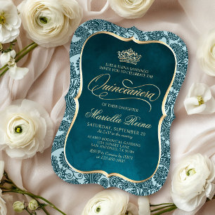 Invitation Gold Quinceañera turquoise