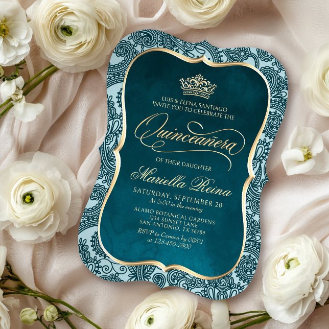Invitation Gold Quinceañera turquoise (Créateur téléchargé)
