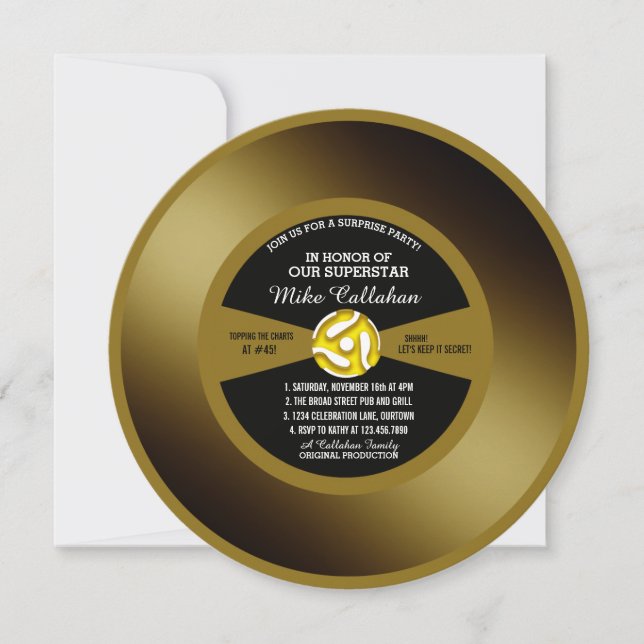 Invitation Gold Record Vinyl 45 Surprise Party (Devant)
