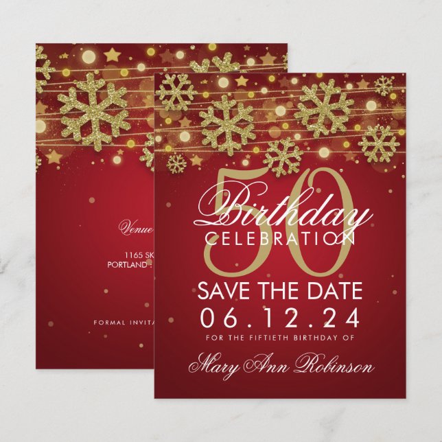 Invitation Gold Red 50th Birthday Save Date Winter (Devant / Derrière)