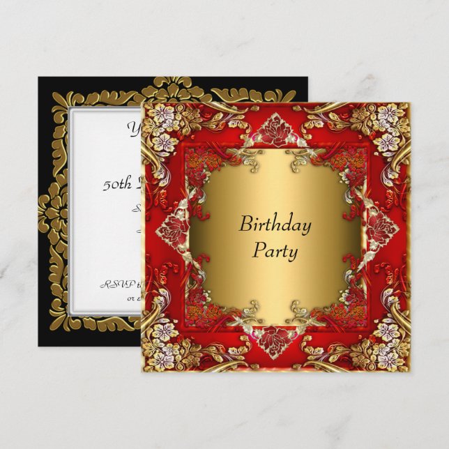 Invitation Gold Red Anniversaire Party rouge or (Devant / Derrière)