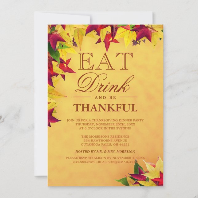 Invitation Gold Red Autumn quitte Thanksgiving Dinner Party (Devant)